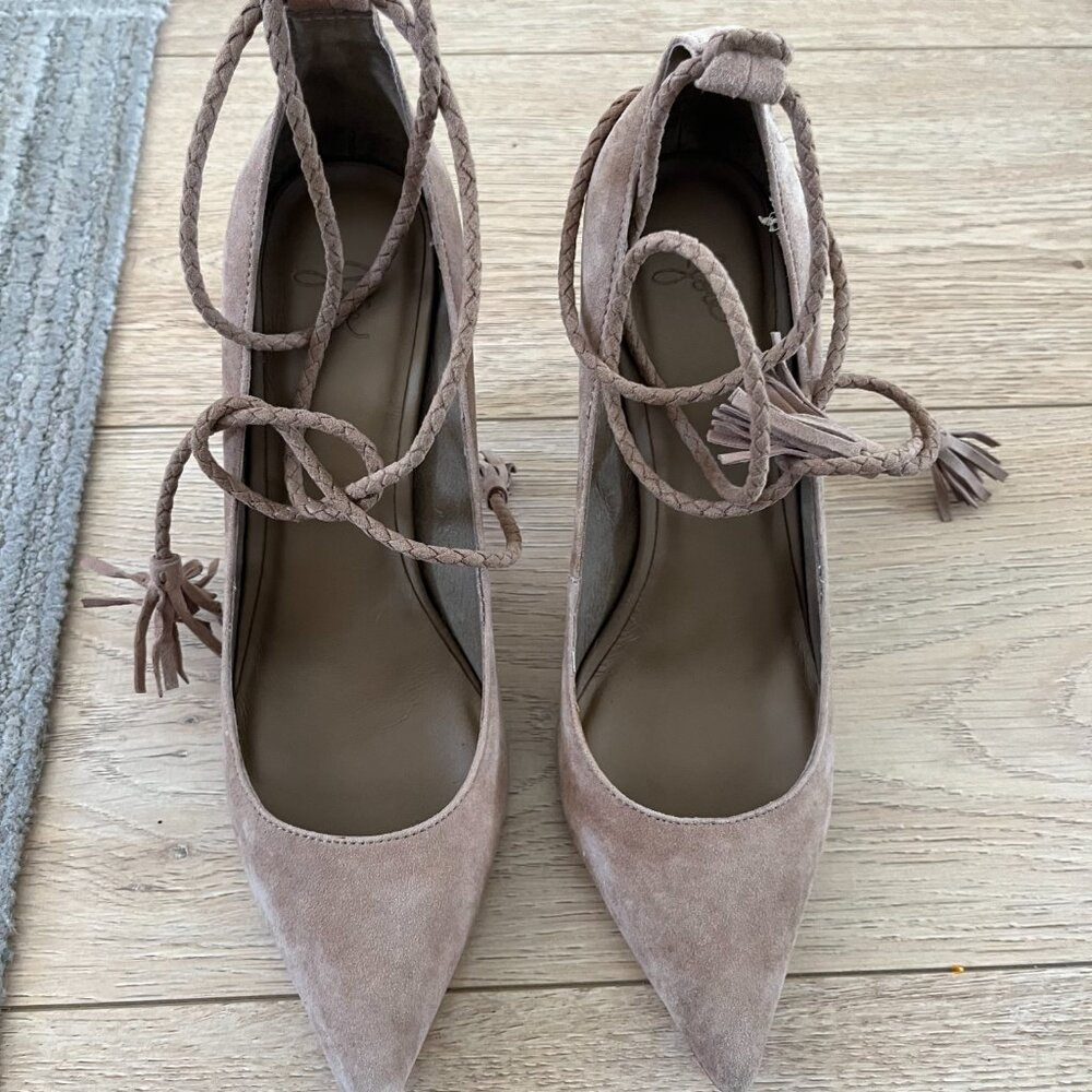 Joie "Angelynn" Heels in light taupe suede with braided ankle straps- Size 9